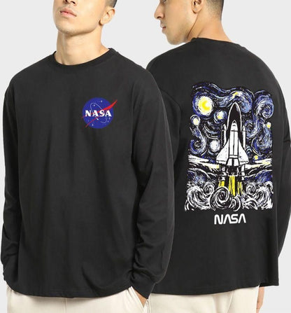 Oversized Manlino NASA Men's Cotton Black Graphic Printed T-Shirt