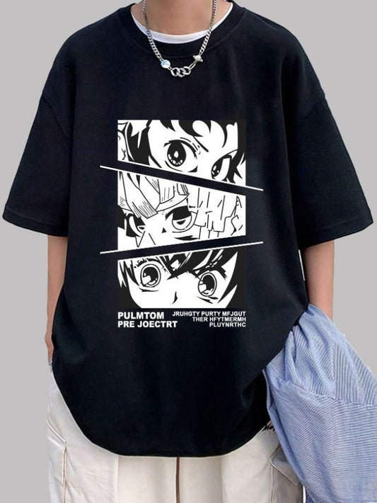 Oversized Manlino Anime Men's Cotton Black Graphic Printed T-Shirt