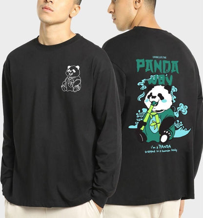 Oversized Manlino Panda Men's Cotton Black Graphic Printed T-Shirt