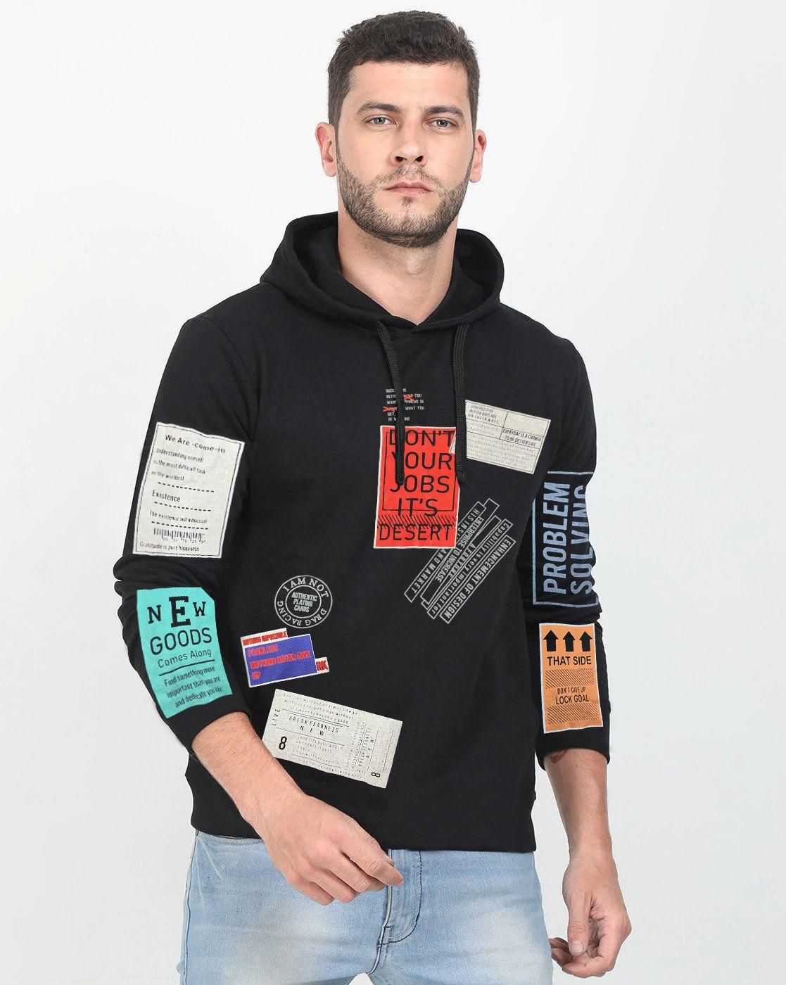 Cotton Blend Printed Full Sleeves Mens Hooded Neck T-Shirt