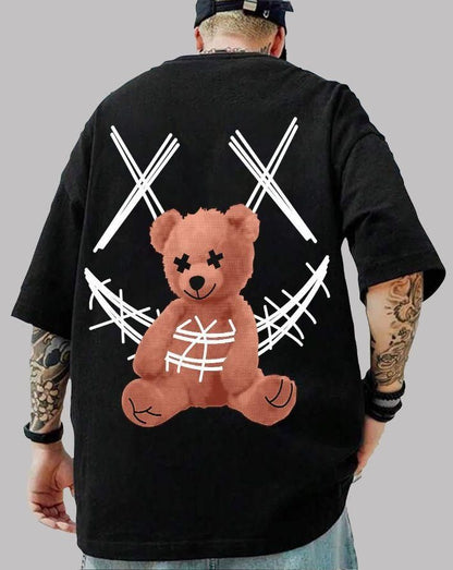 Oversized Manlino Bear Men's Cotton Black Graphic Printed T-Shirt