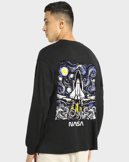 Oversized Manlino NASA Men's Cotton Black Graphic Printed T-Shirt