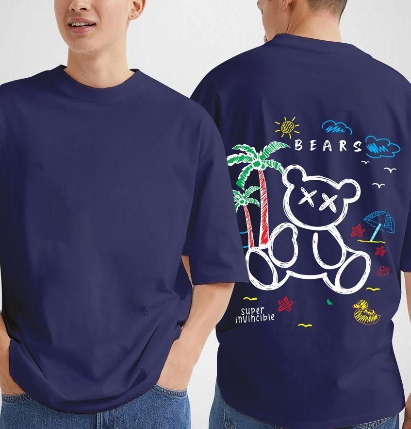 Oversized Bear Men's Cotton Navy Graphic Printed T-Shirt