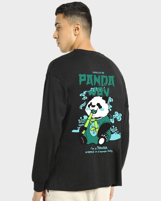 Oversized Manlino Panda Men's Cotton Black Graphic Printed T-Shirt