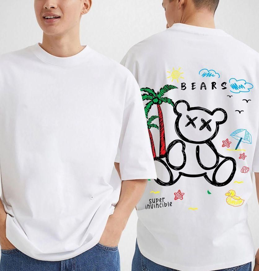 Oversized Bear Men's Cotton White Graphic Printed T-Shirt